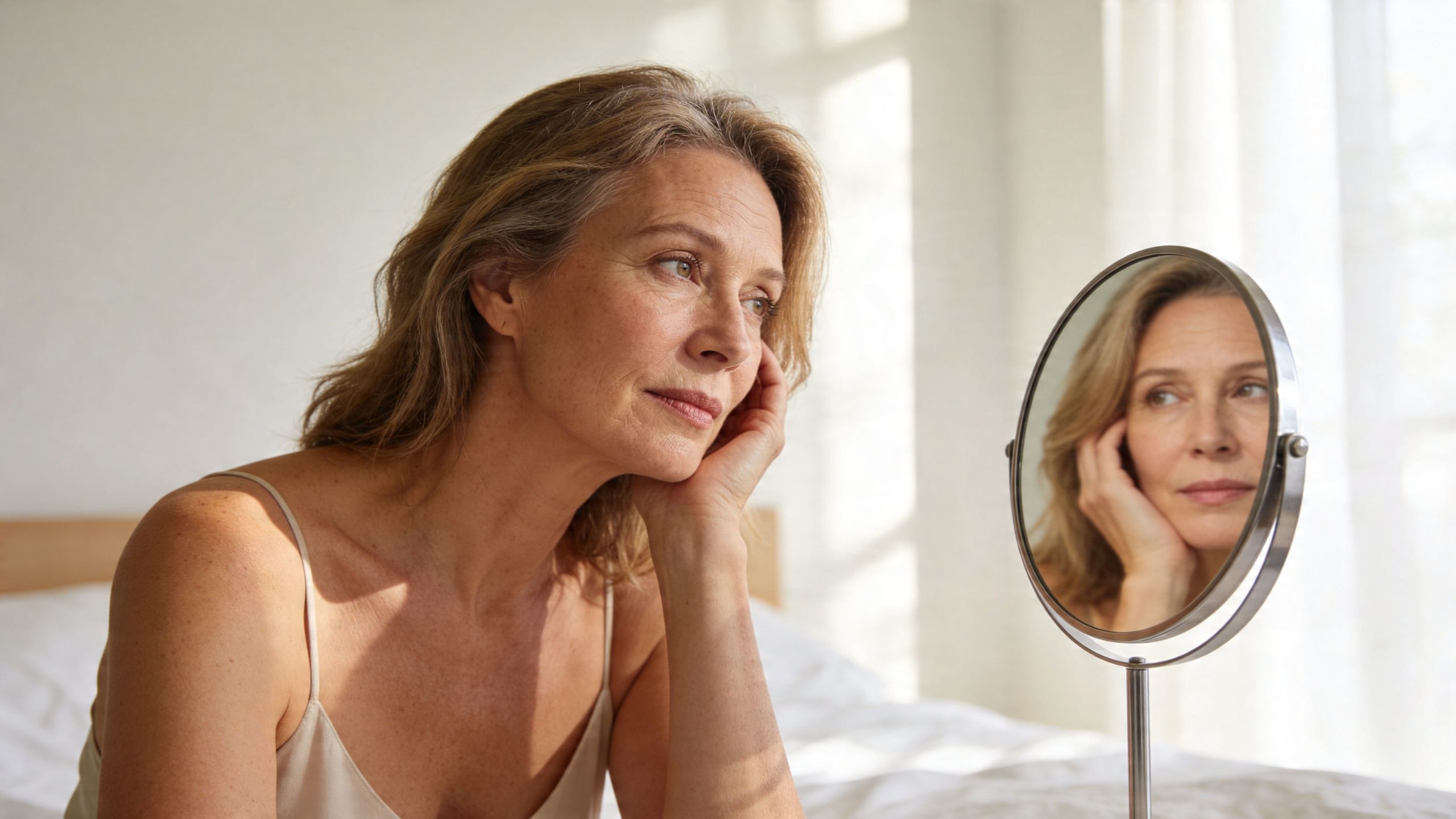 Une femme mature aux cheveux blonds se regarde attentivement dans un miroir de maquillage sur son lit.