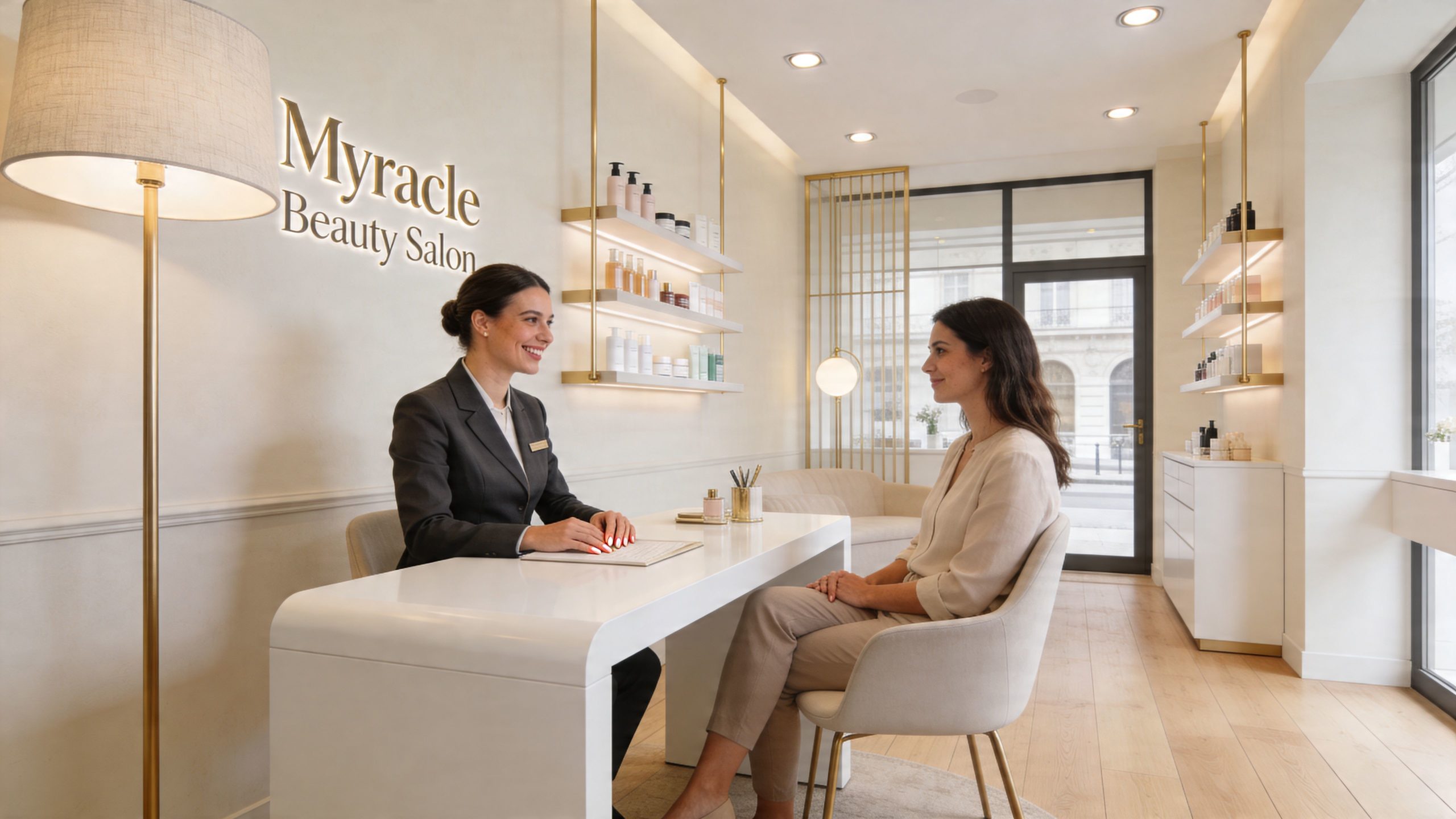Une esthéticienne accueille une cliente dans un salon de beauté moderne et lumineux pour une consultation professionnelle.