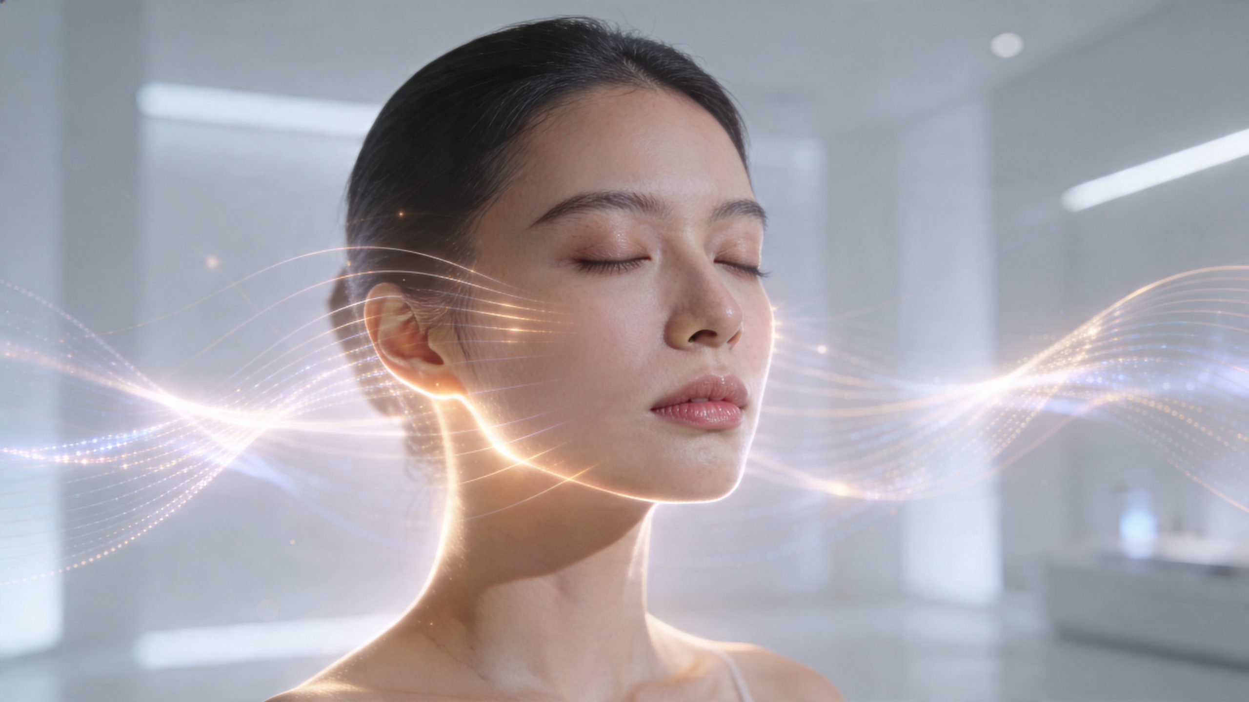Une jeune femme aux yeux fermés avec un effet lumineux de soin du visage sur sa peau.