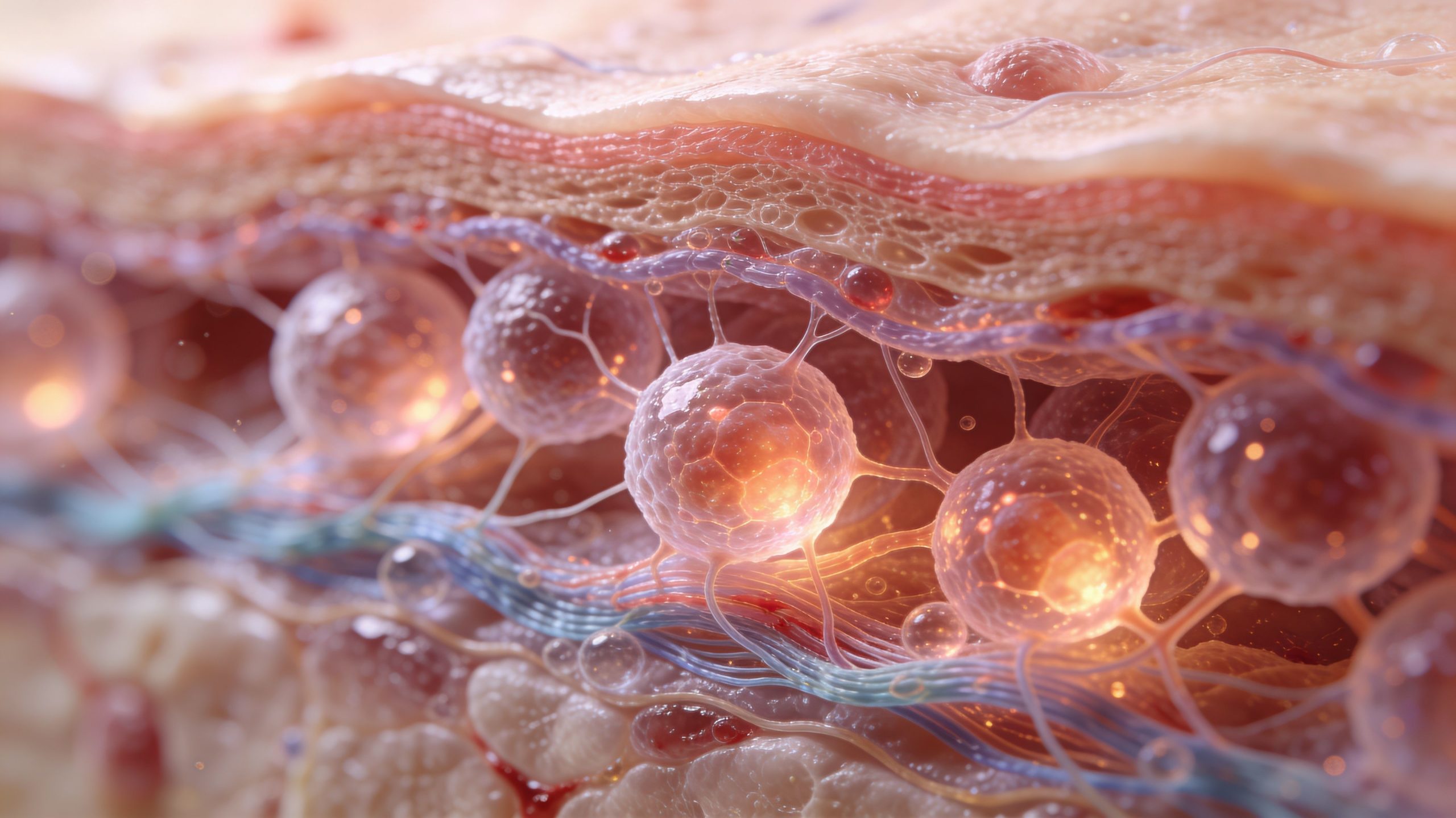 Représentation microscopique en 3D montrant la structure des couches cutanées humaines et des cellules vivantes.