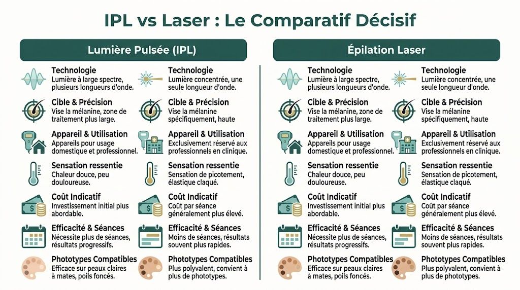 Tableau comparatif illustré entre l'épilation à la lumière pulsée IPL et l'épilation laser professionnelle en clinique.