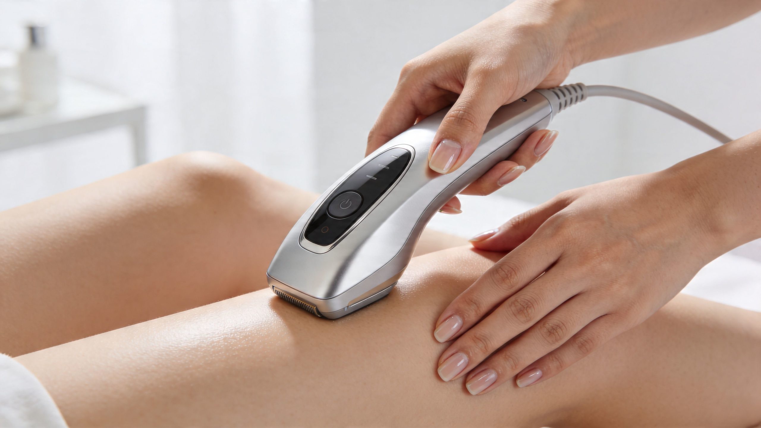 Une esthéticienne utilisant un appareil d'épilation à lumière pulsée sur la jambe d'une cliente.