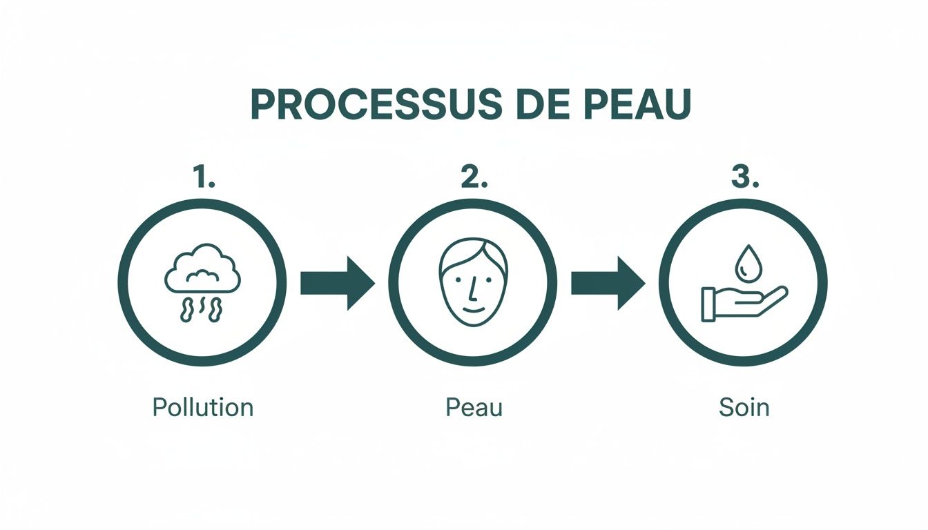 Infographie illustrant les étapes clés du processus de la peau : pollution, peau et soin.