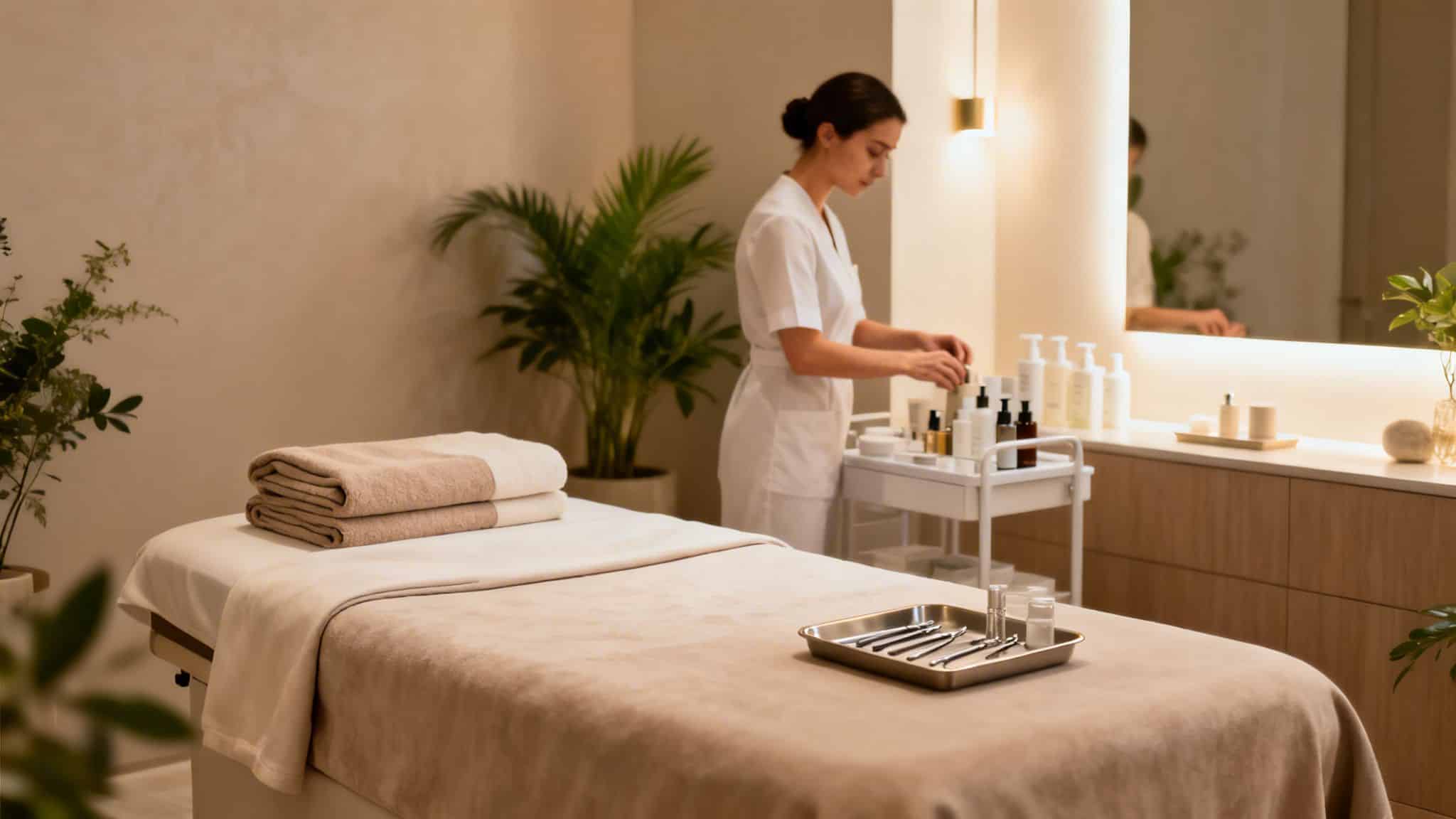 Esthéticienne préparant des produits dans une salle de soins de beauté avec une table de massage et des serviettes.