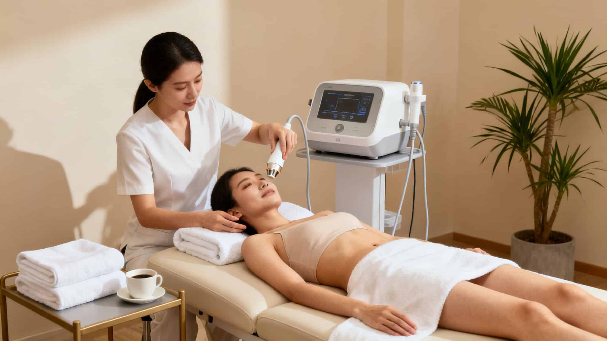 Une esthéticienne effectue un soin du visage à la radiofréquence sur une cliente allongée dans un spa.