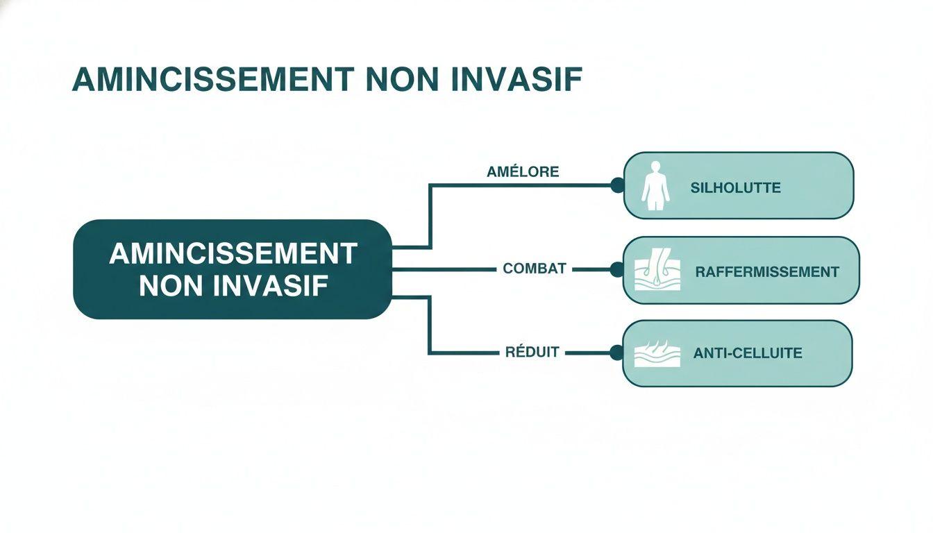 Schéma expliquant l'amincissement non invasif, montrant ses bienfaits pour améliorer la silhouette, combattre le relâchement et réduire la cellulite.