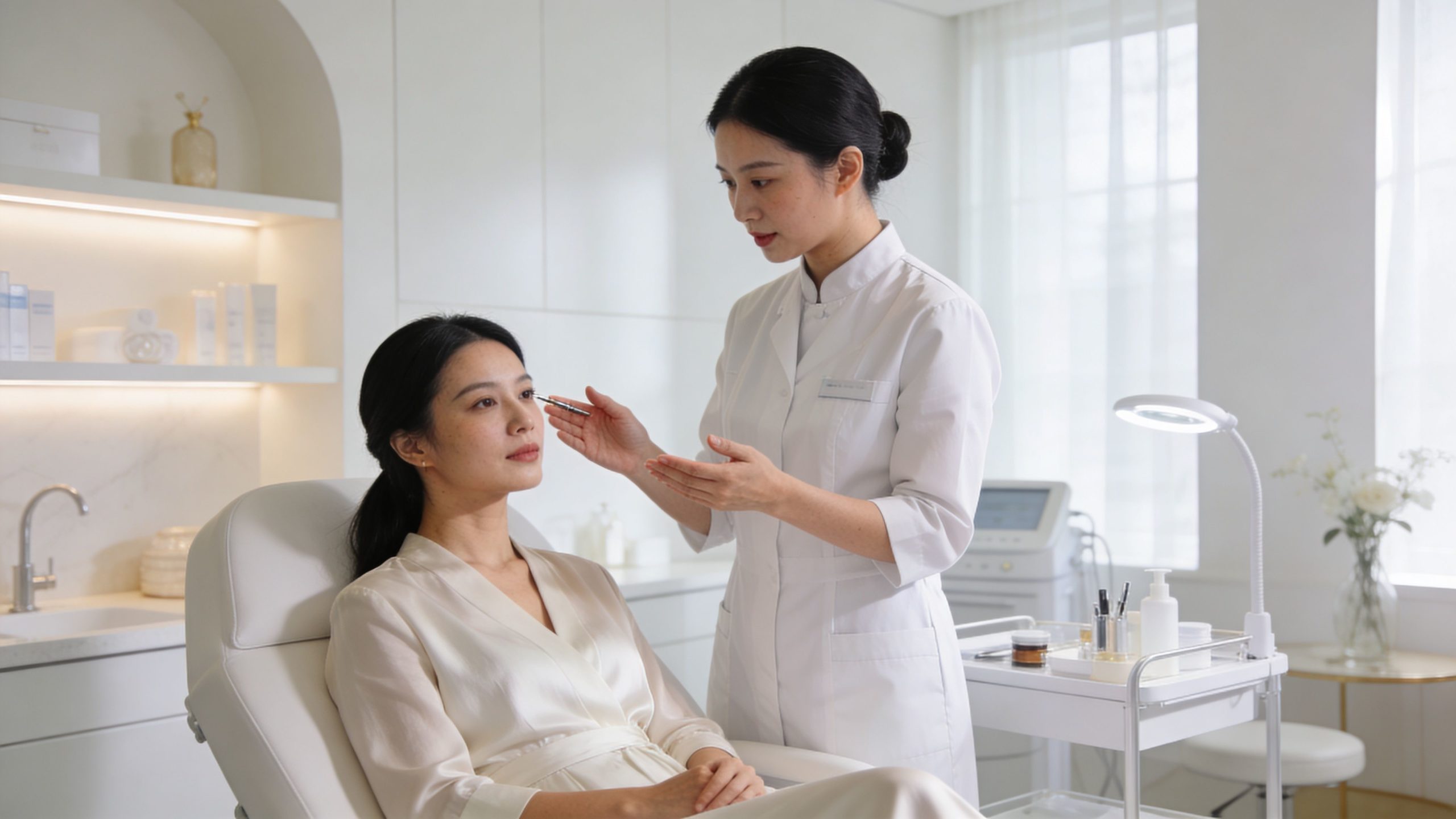Une esthéticienne professionnelle examine le visage d'une cliente dans une clinique de soins de la peau élégante.