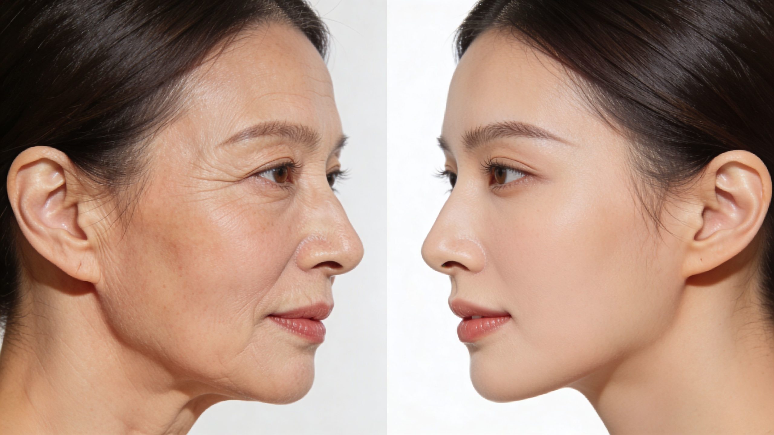 Comparaison du visage avant et après l'utilisation de fils tenseurs pour le rajeunissement et la fermeté cutanée.