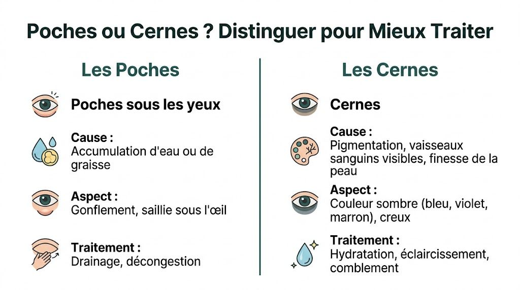 Infographie comparant les causes, l'aspect et les traitements pour les poches sous les yeux et les cernes.