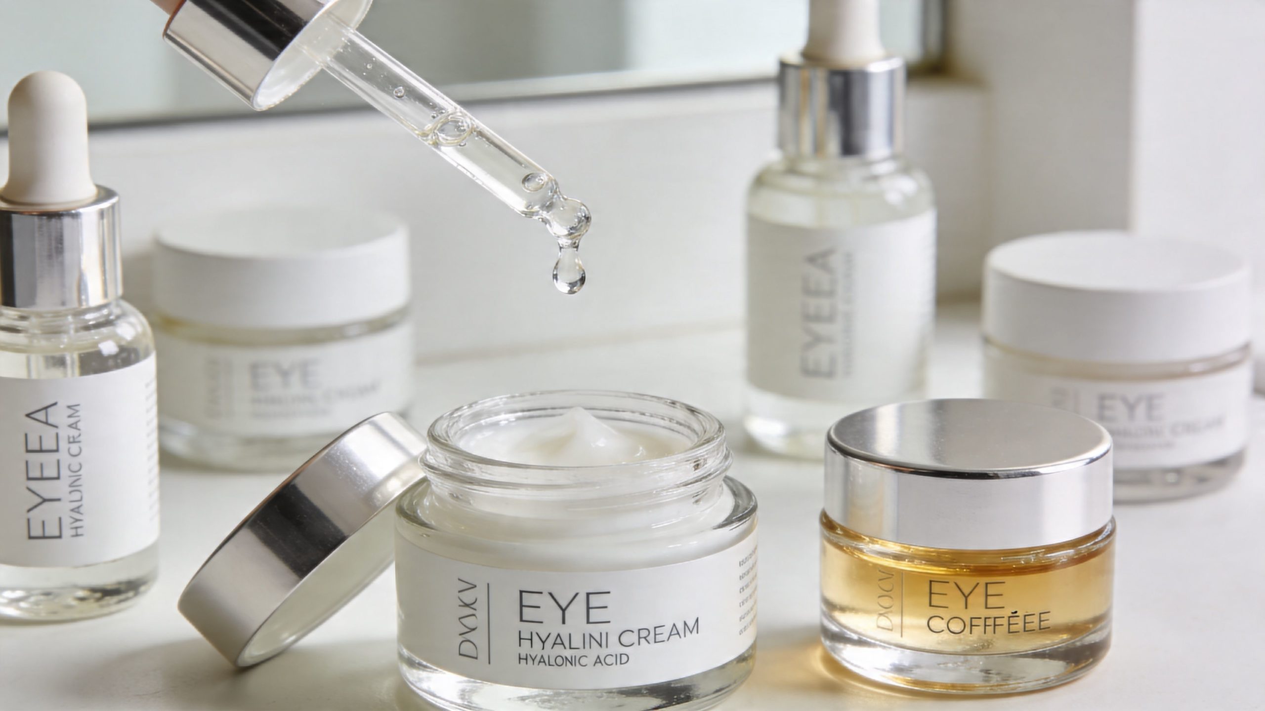 Une sélection de crèmes et sérums cosmétiques pour les yeux disposés sur une surface blanche