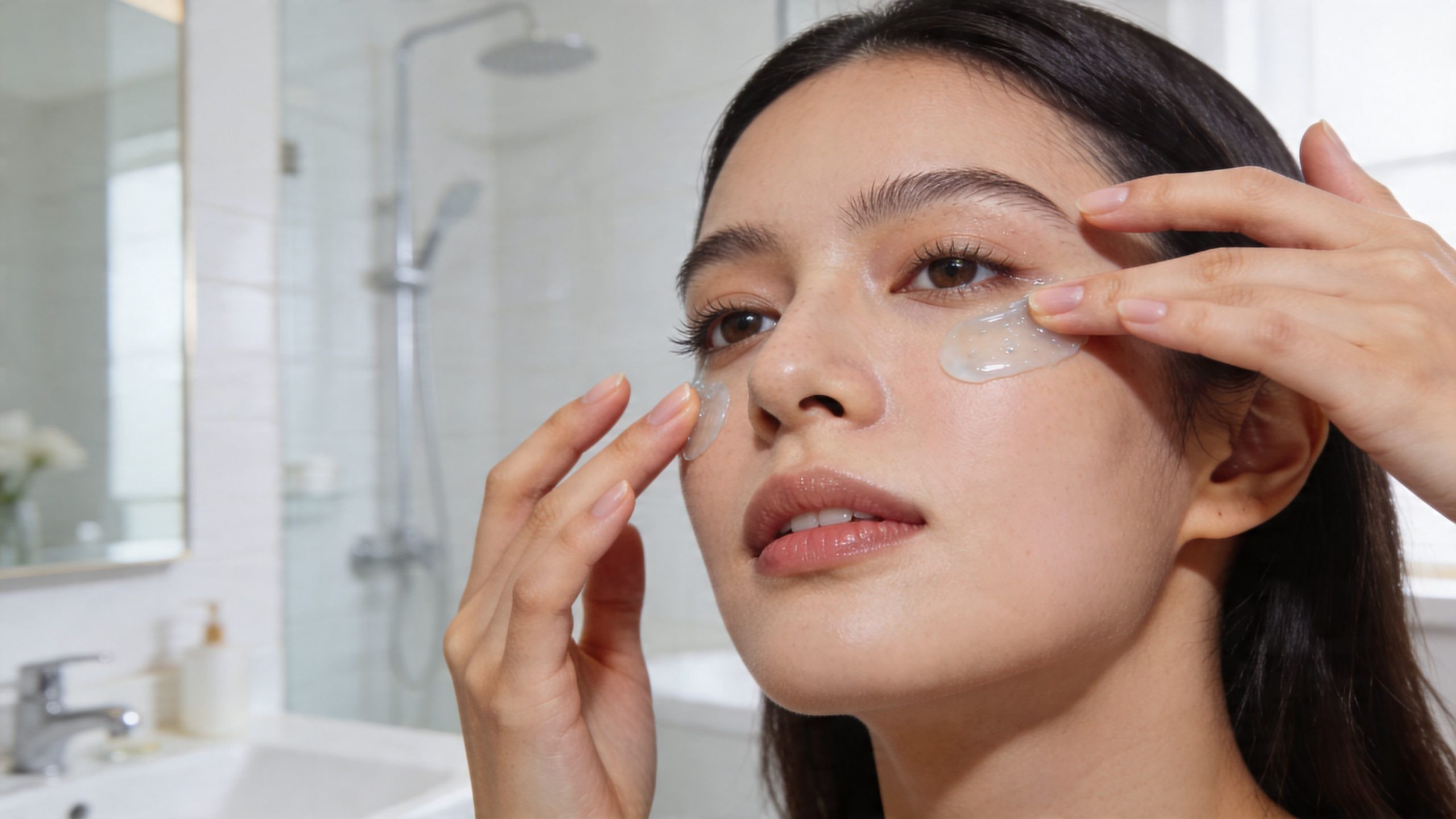 Une jeune femme applique délicatement un soin hydratant transparent sous ses yeux dans une salle de bain lumineuse.