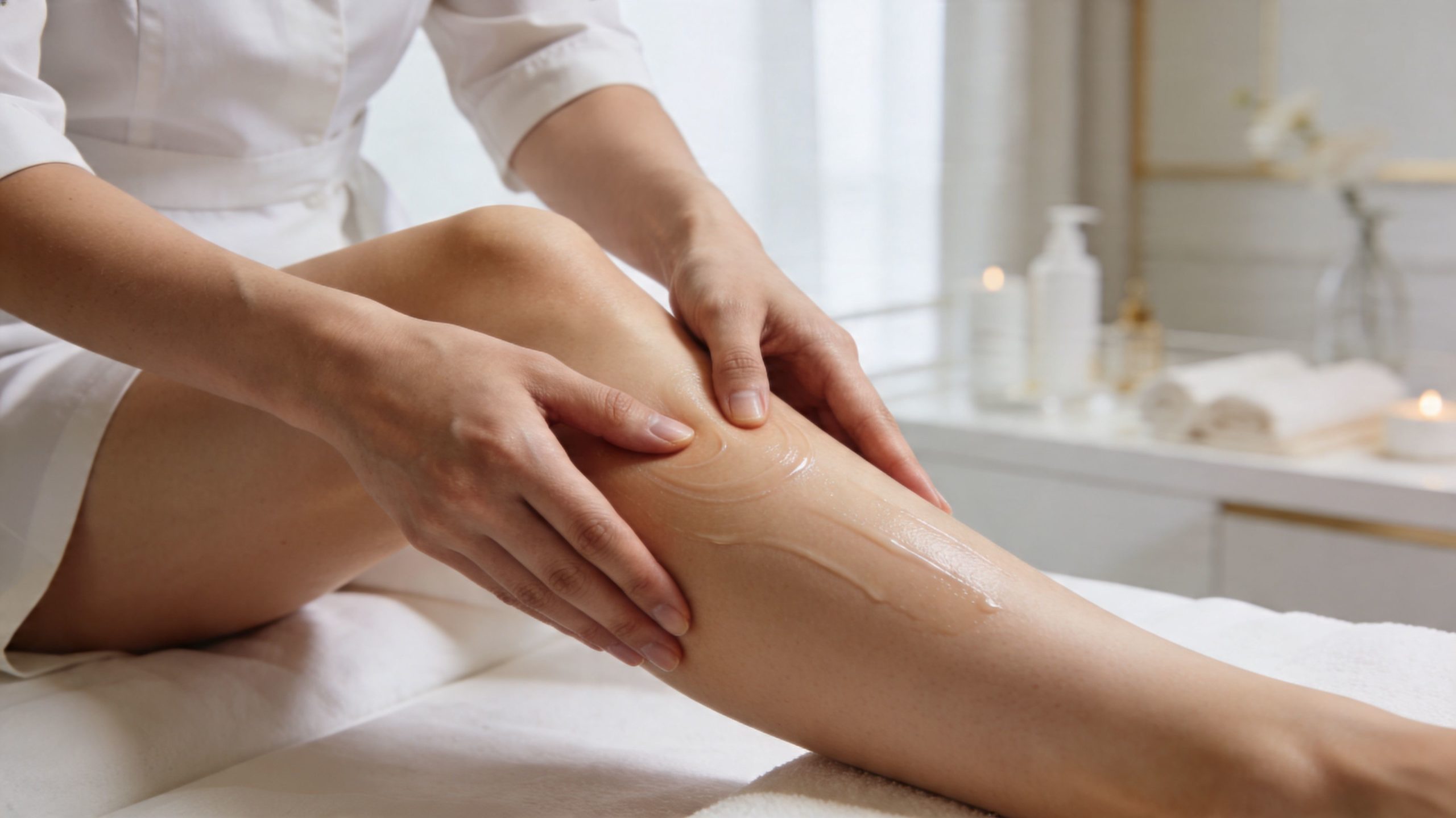 Une esthéticienne effectue un massage drainant avec de l'huile sur la jambe d'une cliente en institut.