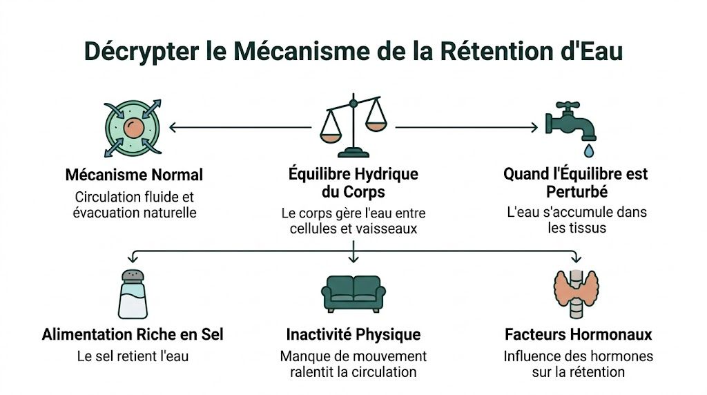 Infographie illustrant les causes de la rétention d'eau, comme l'alimentation, l'inactivité et les facteurs hormonaux.