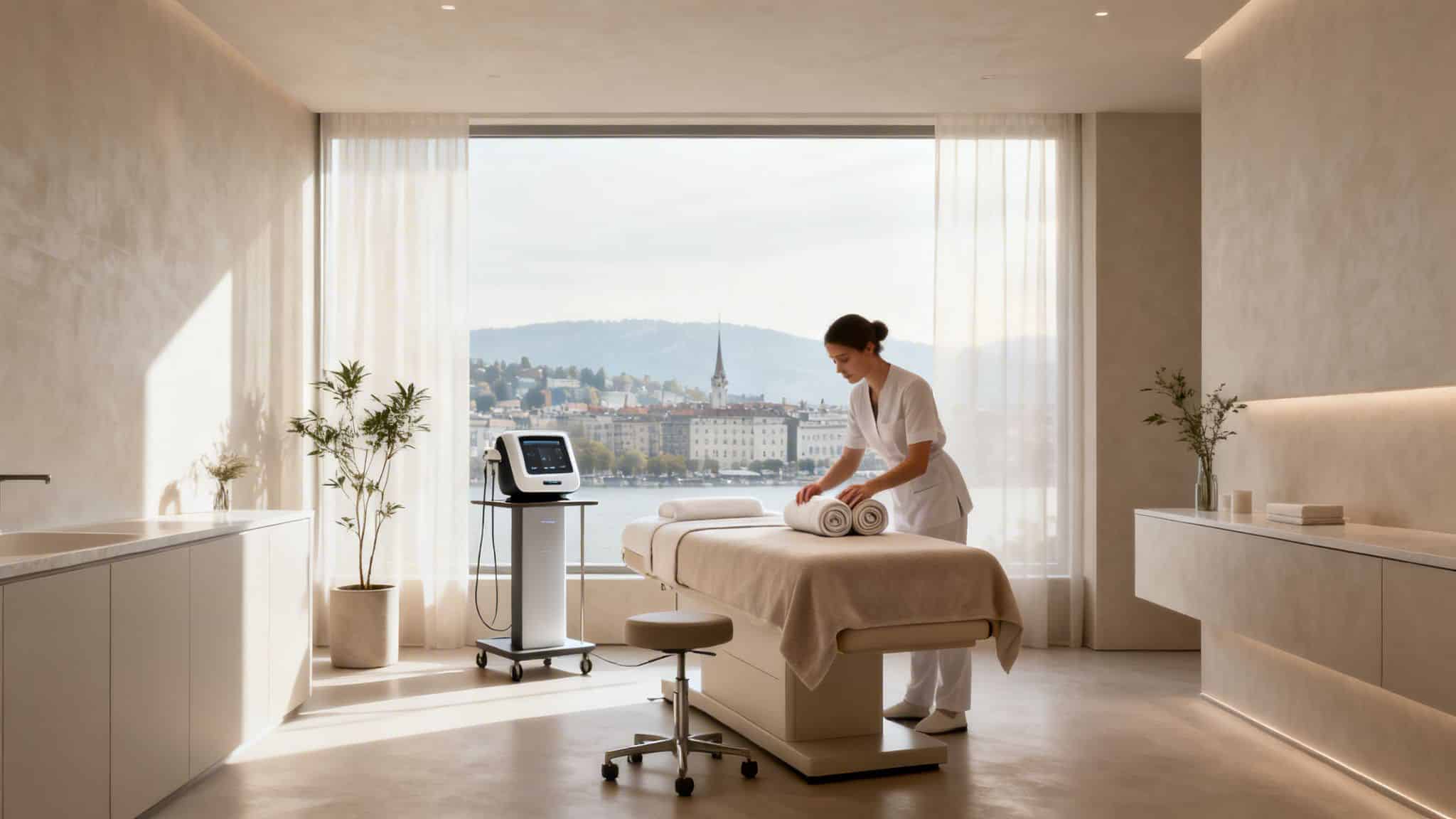 Une esthéticienne prépare une table de massage dans un institut de soins moderne avec vue sur le lac.