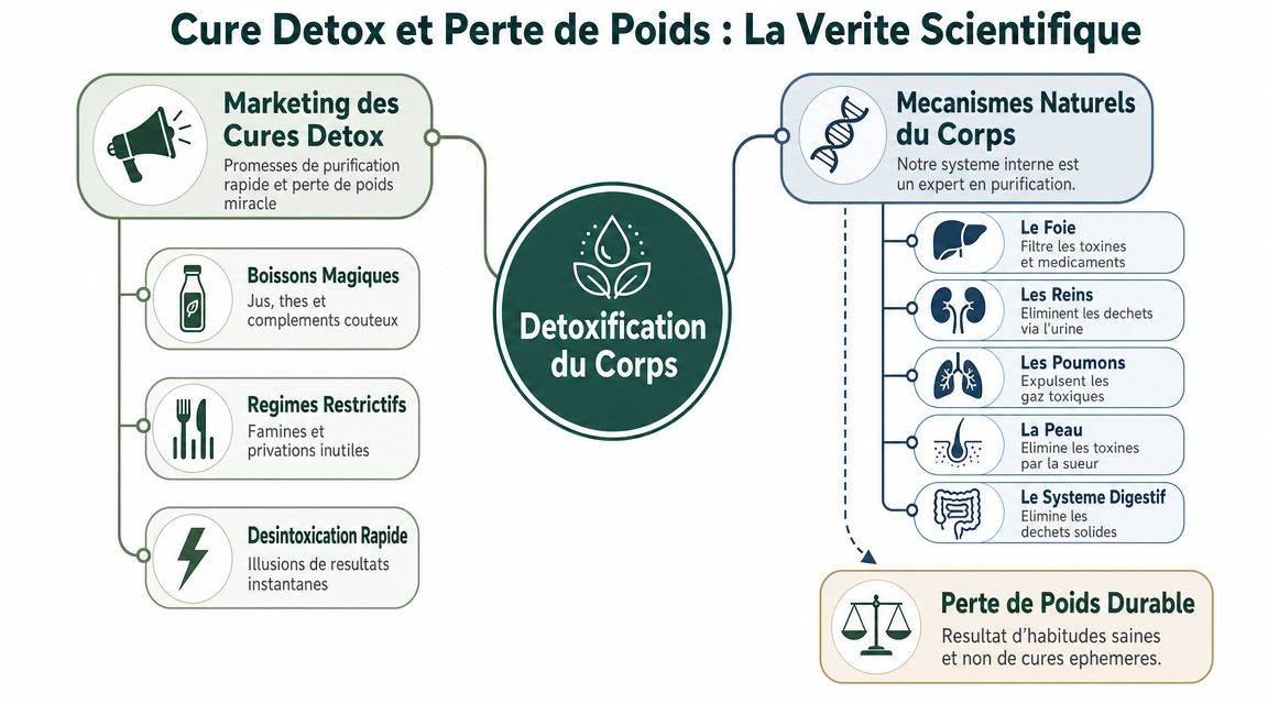 Infographie illustrant les mythes des cures détox comparés aux mécanismes de purification naturels du corps humain.