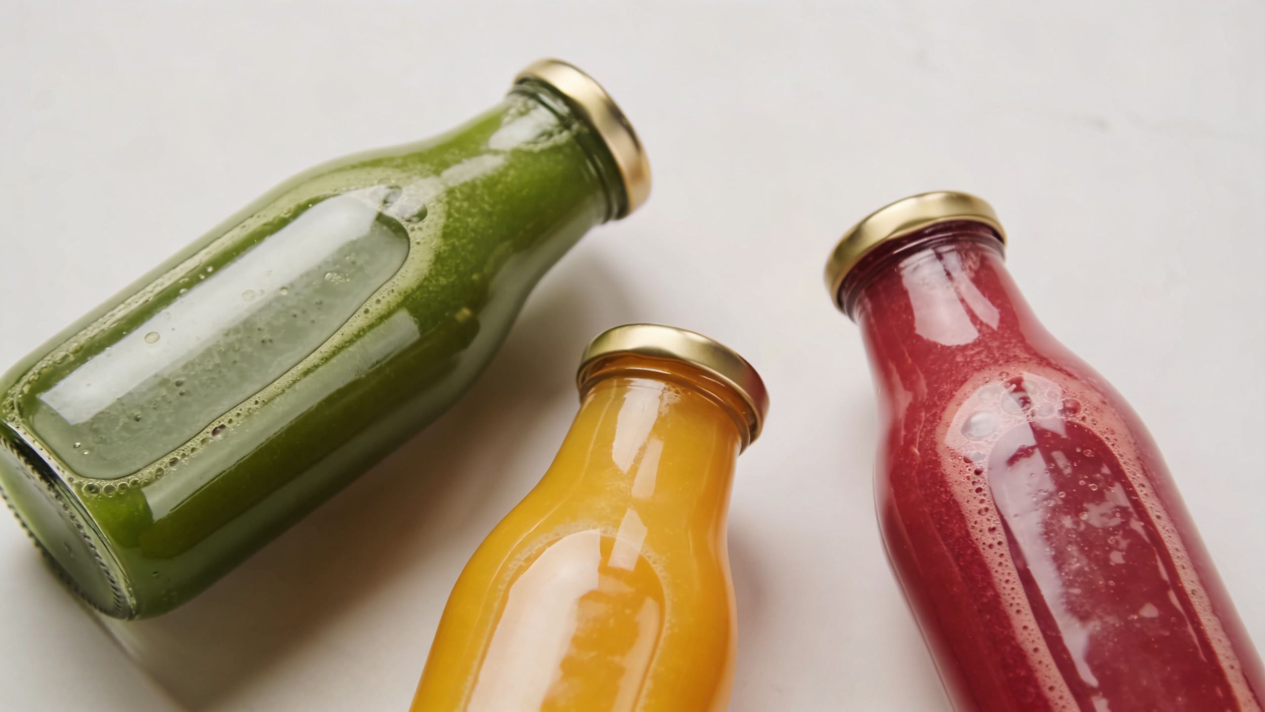 Trois bouteilles en verre remplies de jus de fruits et légumes frais de différentes couleurs sur fond blanc.