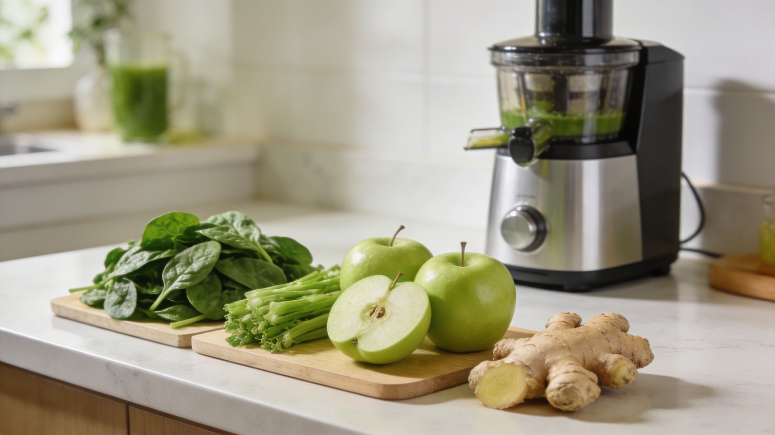 Des pommes, des épinards, du céleri et du gingembre préparés sur une planche pour un jus détox.