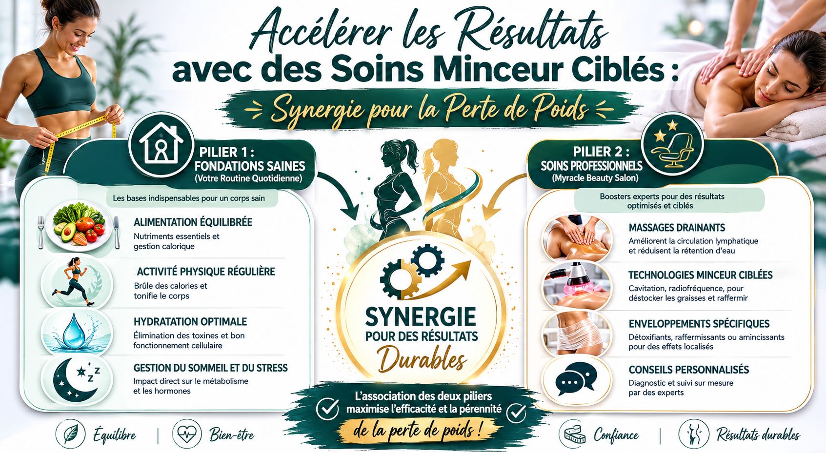 Infographie illustrant une synergie entre habitudes quotidiennes saines et soins professionnels pour une perte de poids efficace.