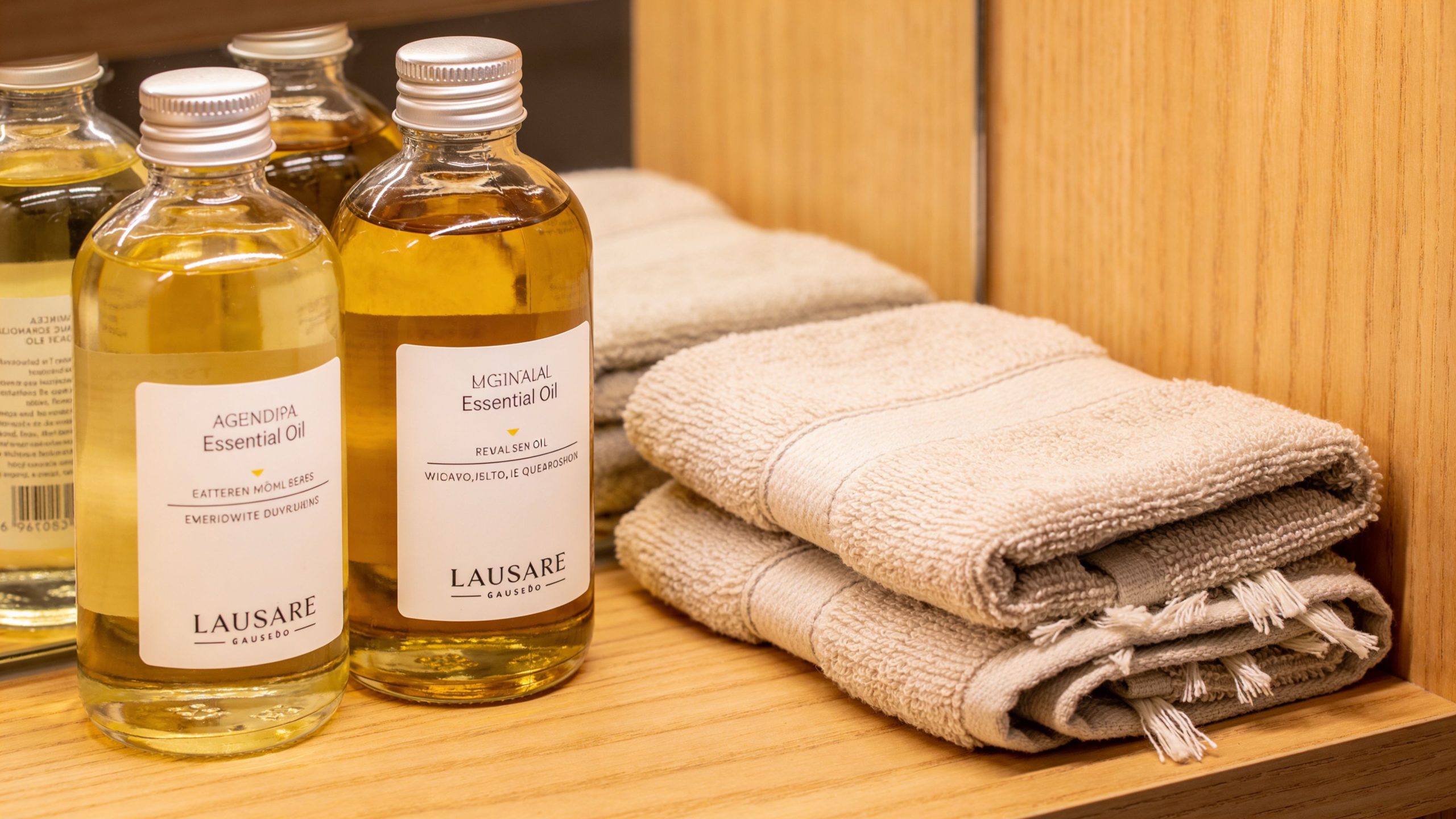 Bouteilles d'huile essentielle Lausare et serviettes pliées sur une étagère en bois pour une atmosphère relaxante.