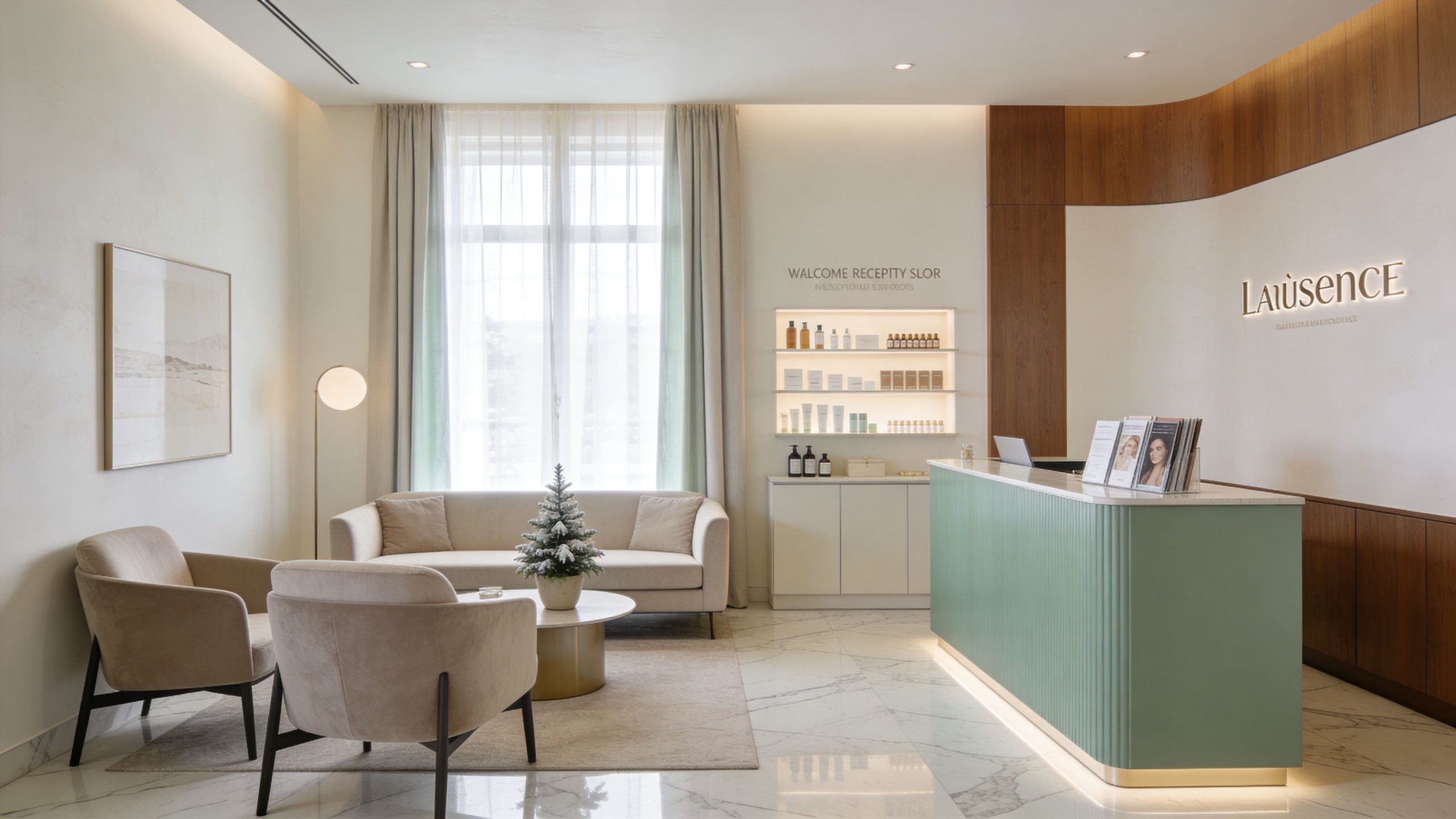 Salle d'attente élégante et lumineuse d'un institut de beauté avec des fauteuils confortables et une réception moderne.