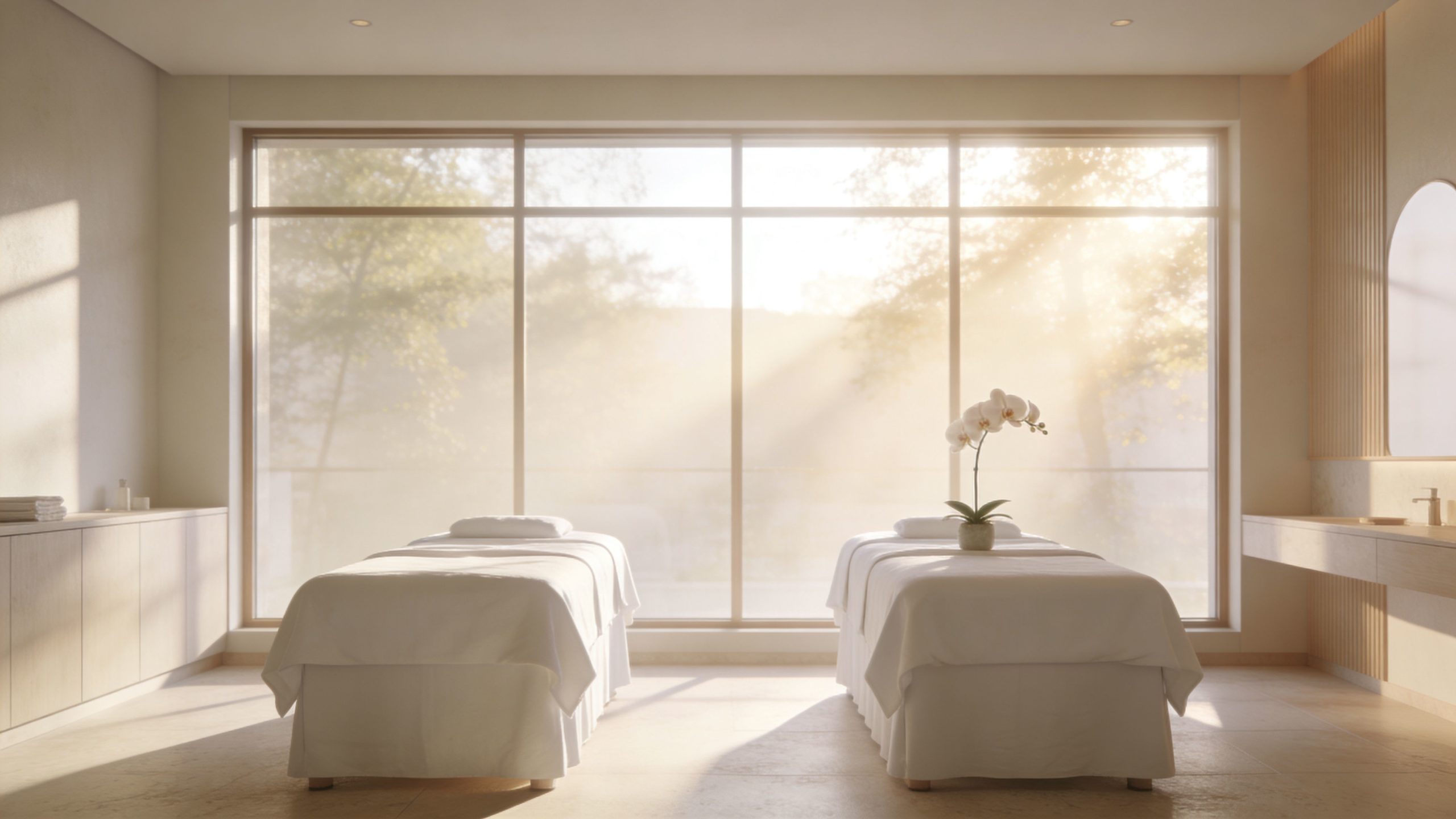 Une salle de massage lumineuse et apaisante avec deux tables de soin devant une grande baie vitrée.