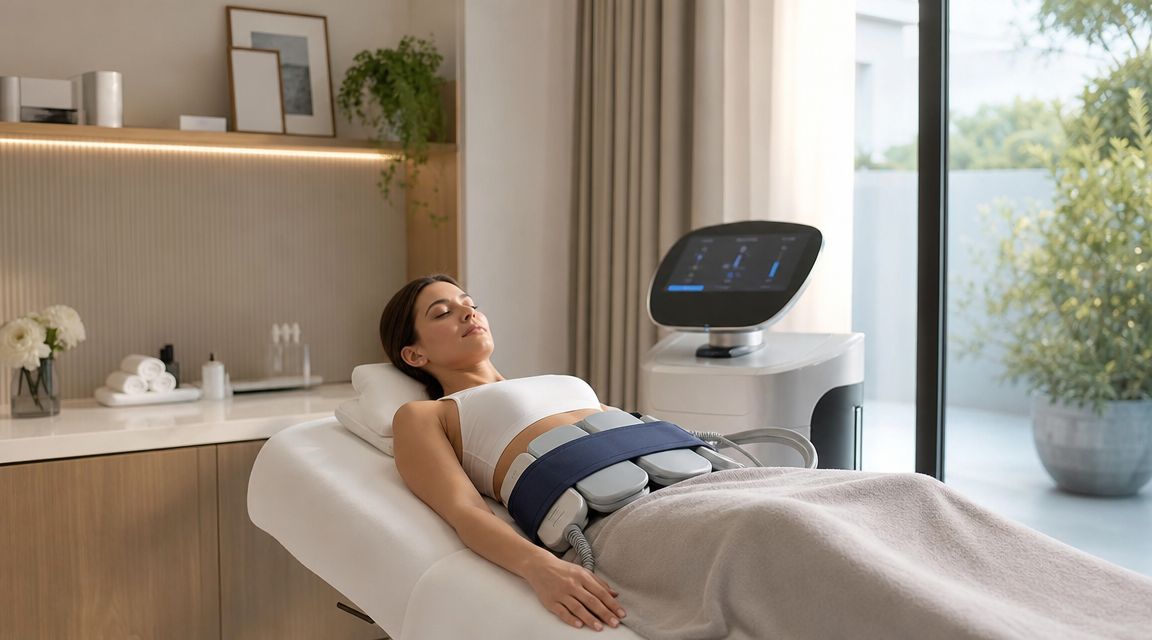 Une femme allongée recevant un soin corporel sculptant par électrostimulation dans un centre de bien-être moderne.
