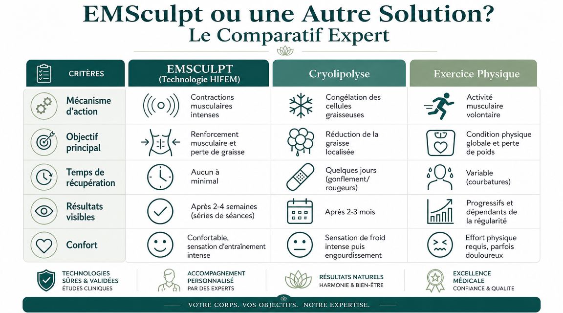 Tableau comparatif entre EMSculpt, la cryolipolyse et l'exercice physique pour le remodelage corporel et la remise en forme.