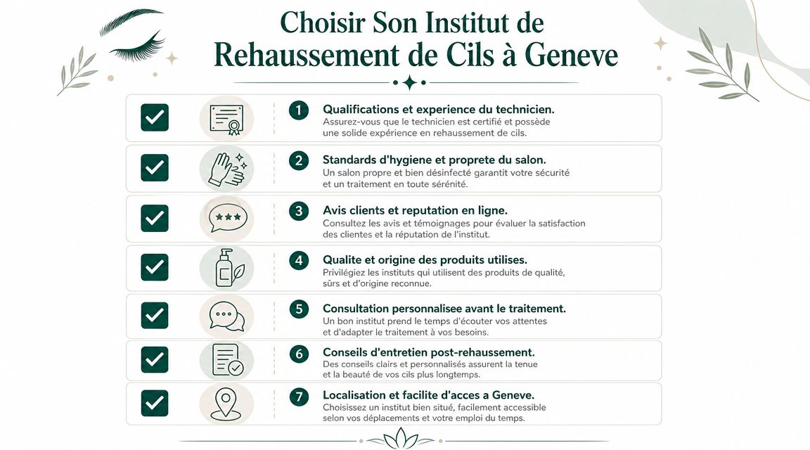 Une infographie listant sept conseils essentiels pour bien choisir un institut de rehaussement de cils à Genève.