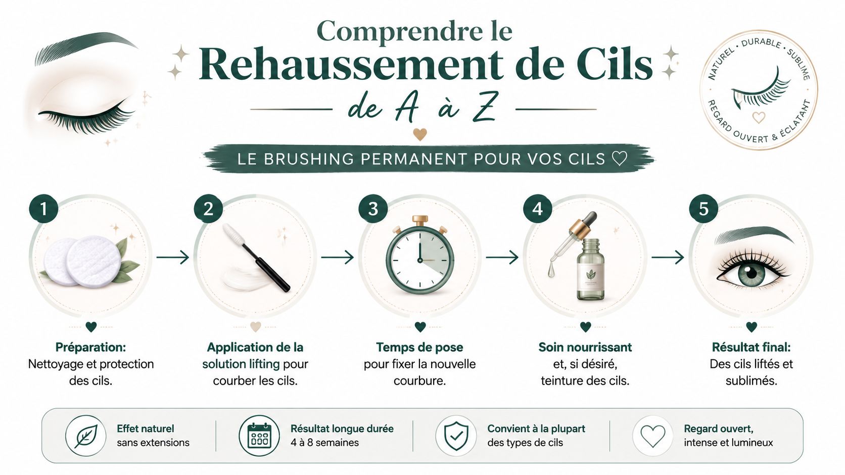 Infographie détaillant les étapes du rehaussement de cils, une technique pour courber et sublimer vos cils naturels.