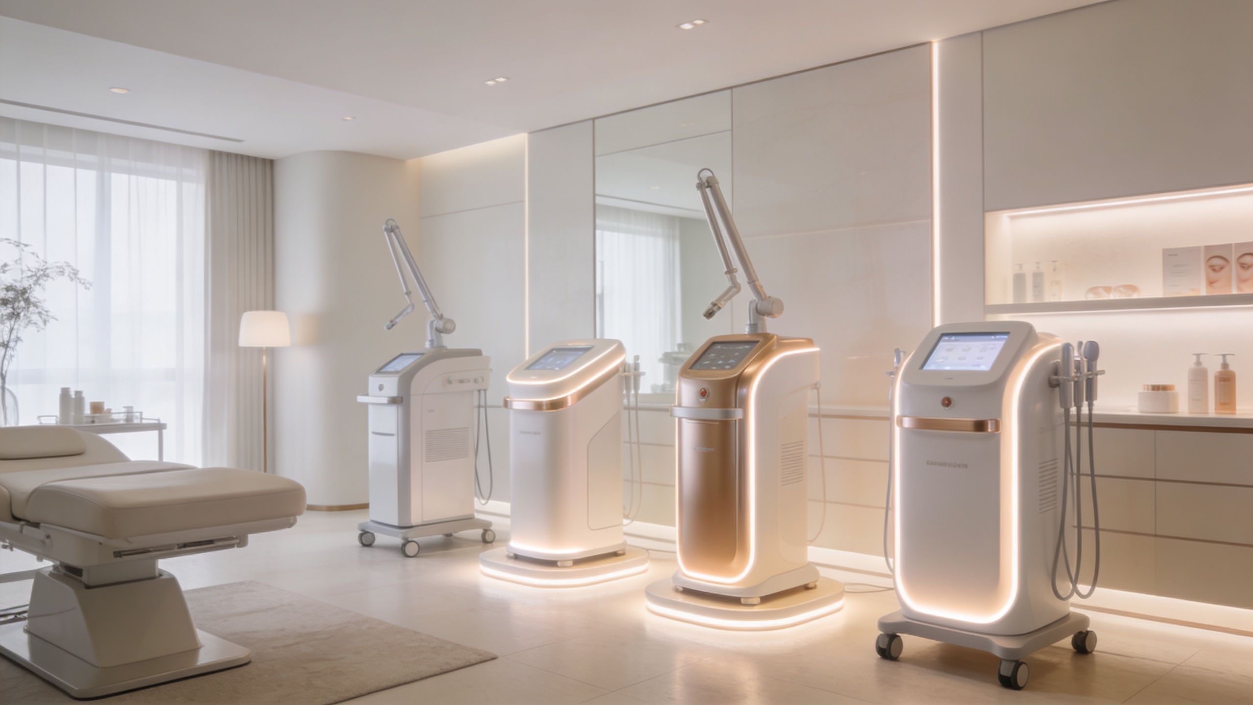 Une salle de soins esthétiques moderne équipée de plusieurs machines laser pour le lifting du visage.