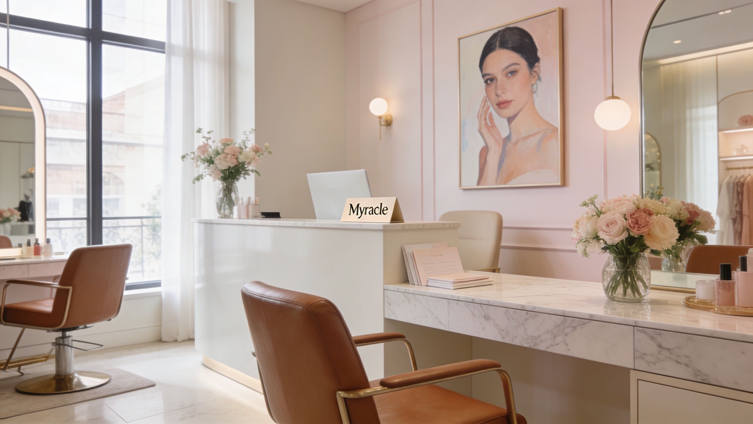 Un espace de réception élégant dans une clinique esthétique avec des fauteuils en cuir et un décor raffiné.