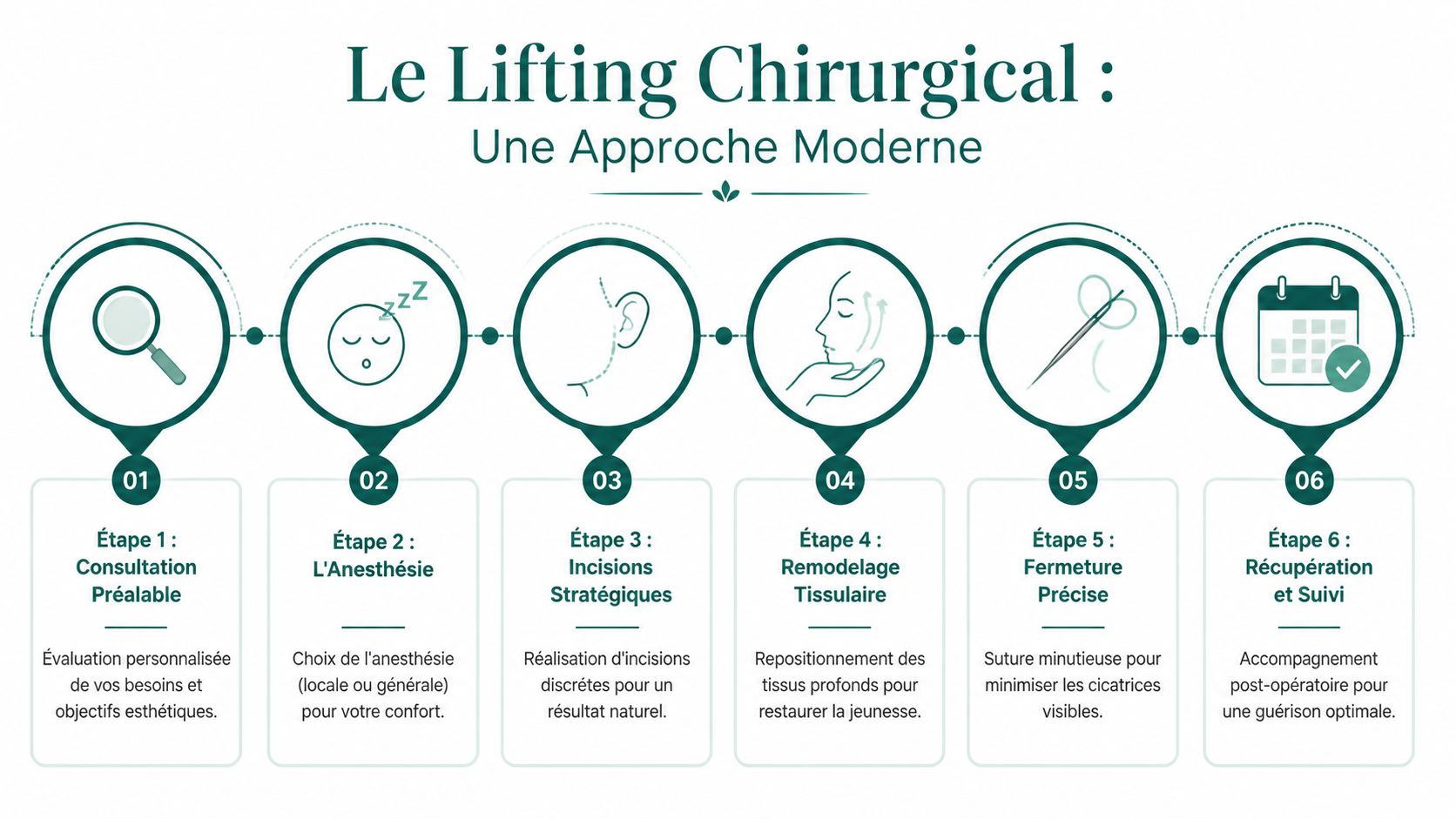 Infographie illustrant les six étapes clés du processus de lifting chirurgical, du bilan initial jusqu'à la récupération.