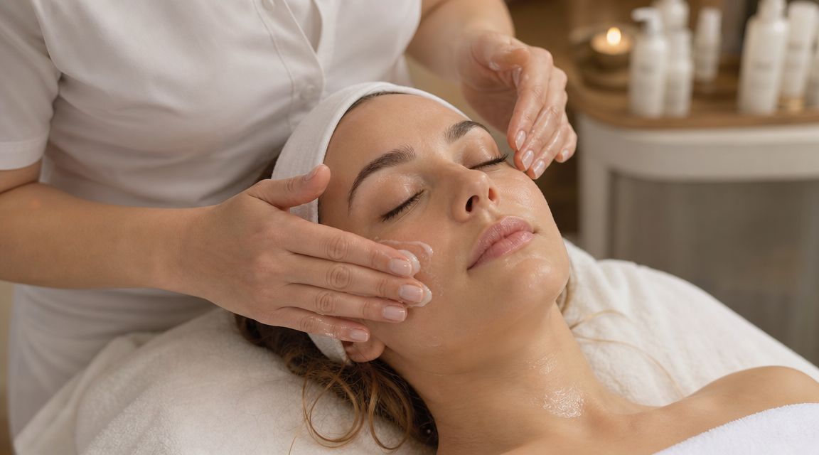 Une esthéticienne effectue un soin du visage relaxant sur une femme allongée dans un institut de beauté.