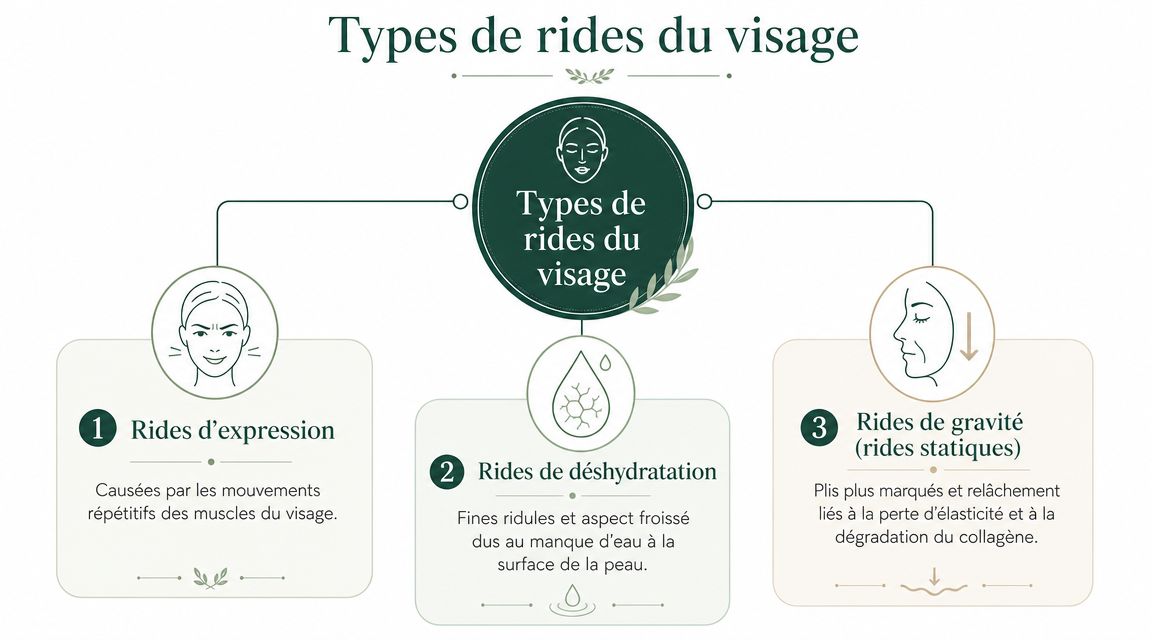 Infographie illustrant les trois principaux types de rides du visage, incluant les rides d'expression, de déshydratation et statiques.