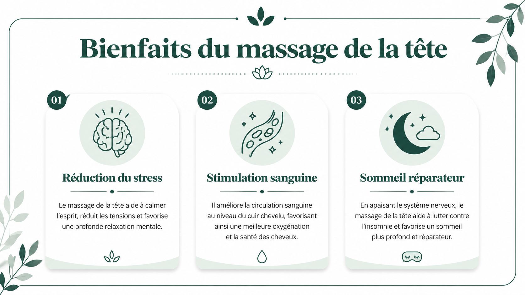 Une infographie montrant les trois principaux bienfaits du massage de la tête, dont la réduction du stress.