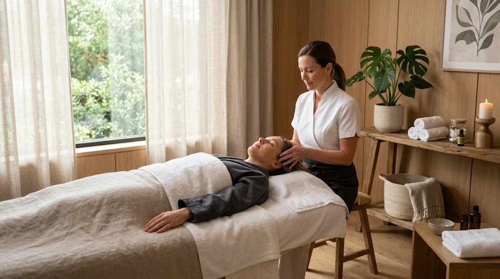 Une praticienne effectue un massage relaxant de la tête sur une cliente allongée dans un spa moderne.