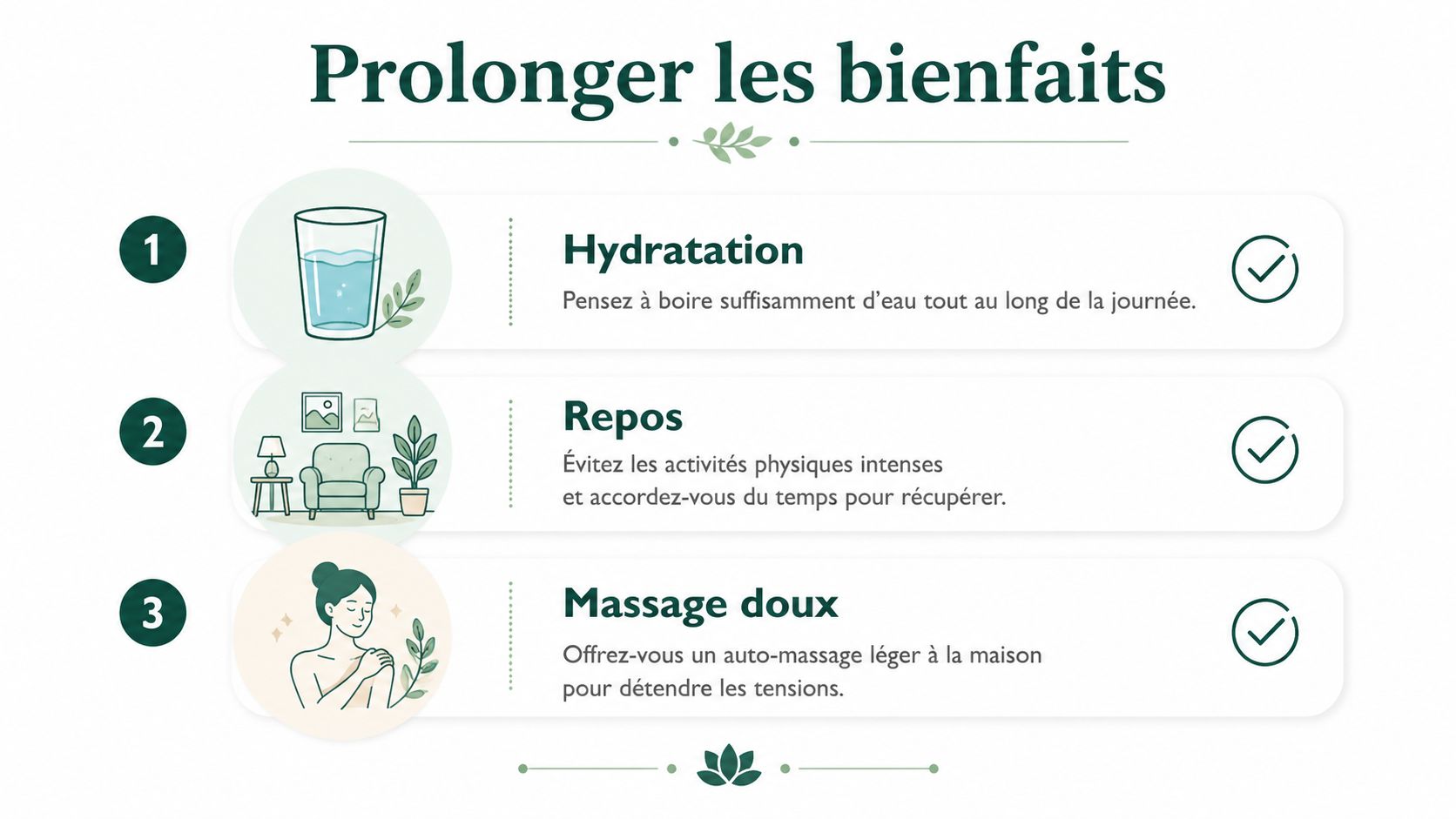 Une infographie avec trois conseils bien-être : s'hydrater, se reposer et pratiquer un massage doux à la maison.