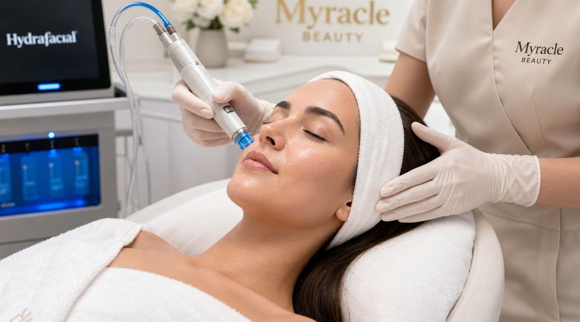 Une esthéticienne effectuant un soin HydraFacial relaxant sur le visage d'une femme dans une clinique de beauté.