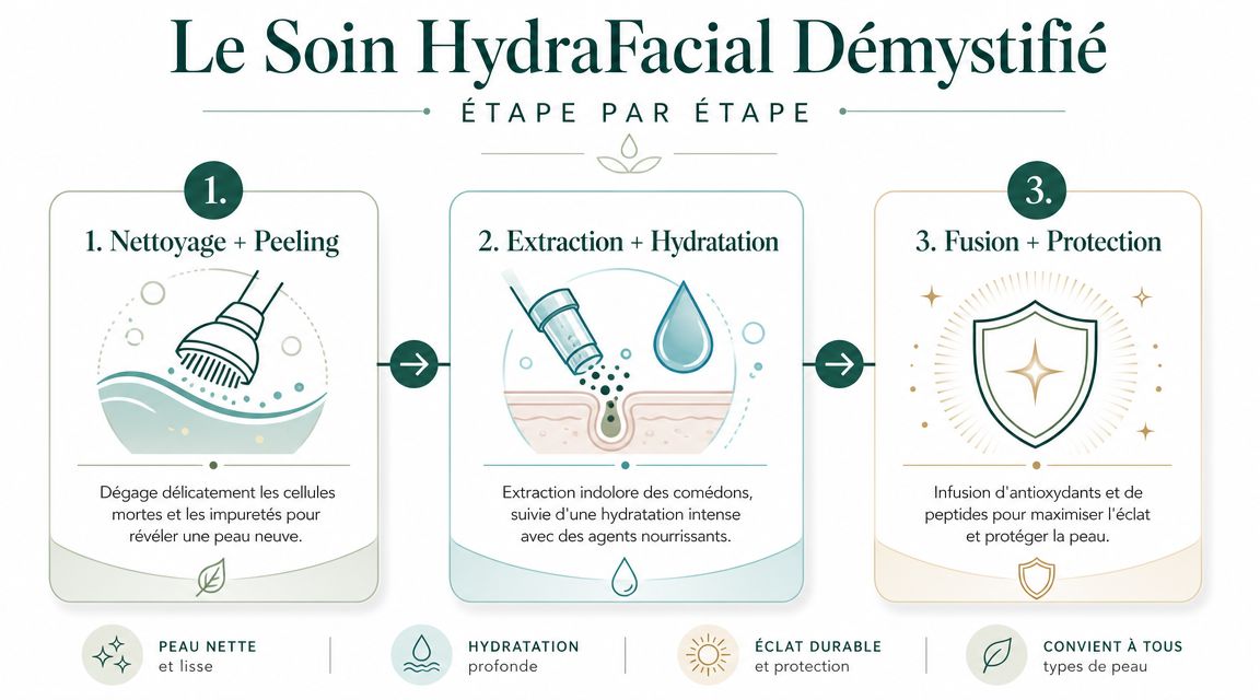 Infographie étape par étape expliquant le processus du soin visage HydraFacial en trois phases distinctes.