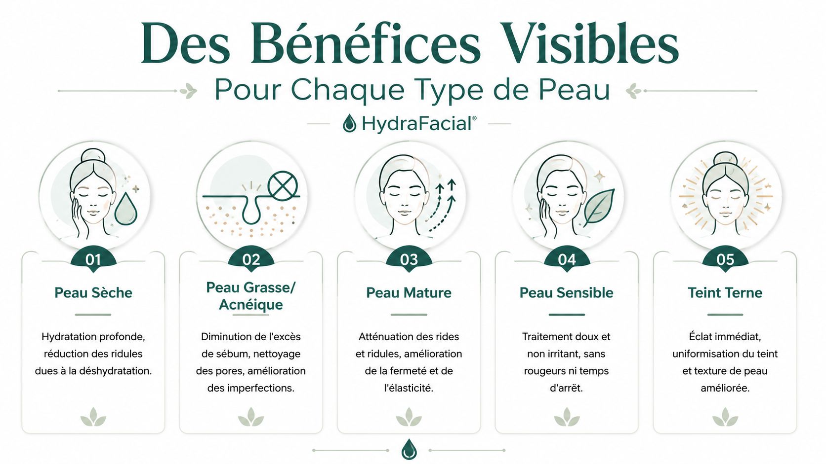 Infographie présentant les cinq avantages de HydraFacial pour différents types de peau, de la sèche à la terne.
