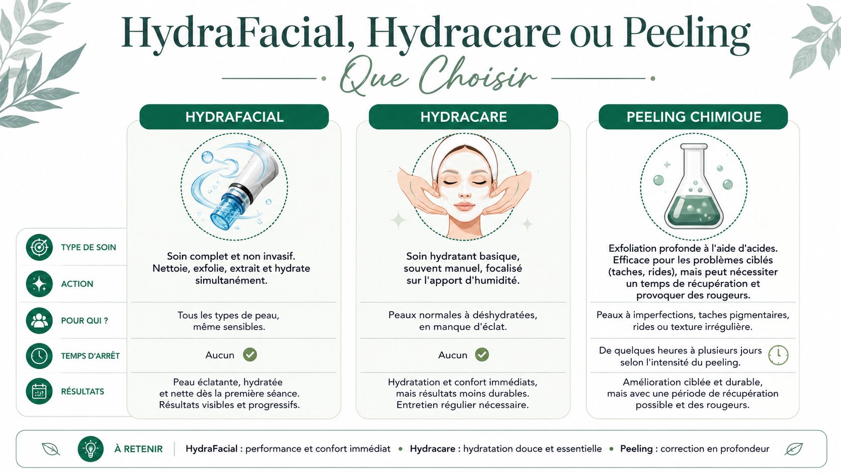 Tableau comparatif illustré détaillant les différences entre les soins esthétiques HydraFacial, Hydracare et le peeling chimique.