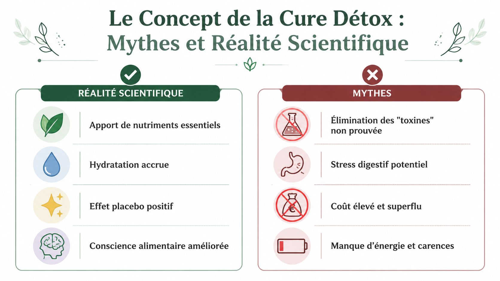 Infographie comparant les bienfaits réels des cures détox et les mythes associés à cette pratique alimentaire.