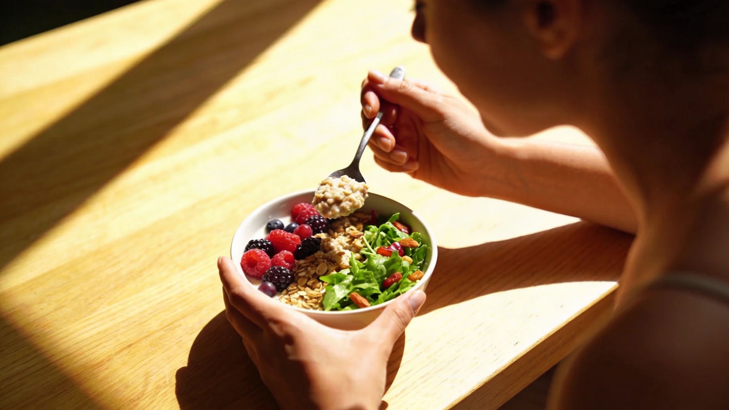Une personne mange un bol sain composé d'avoine, de baies fraîches, de noix et de légumes verts.