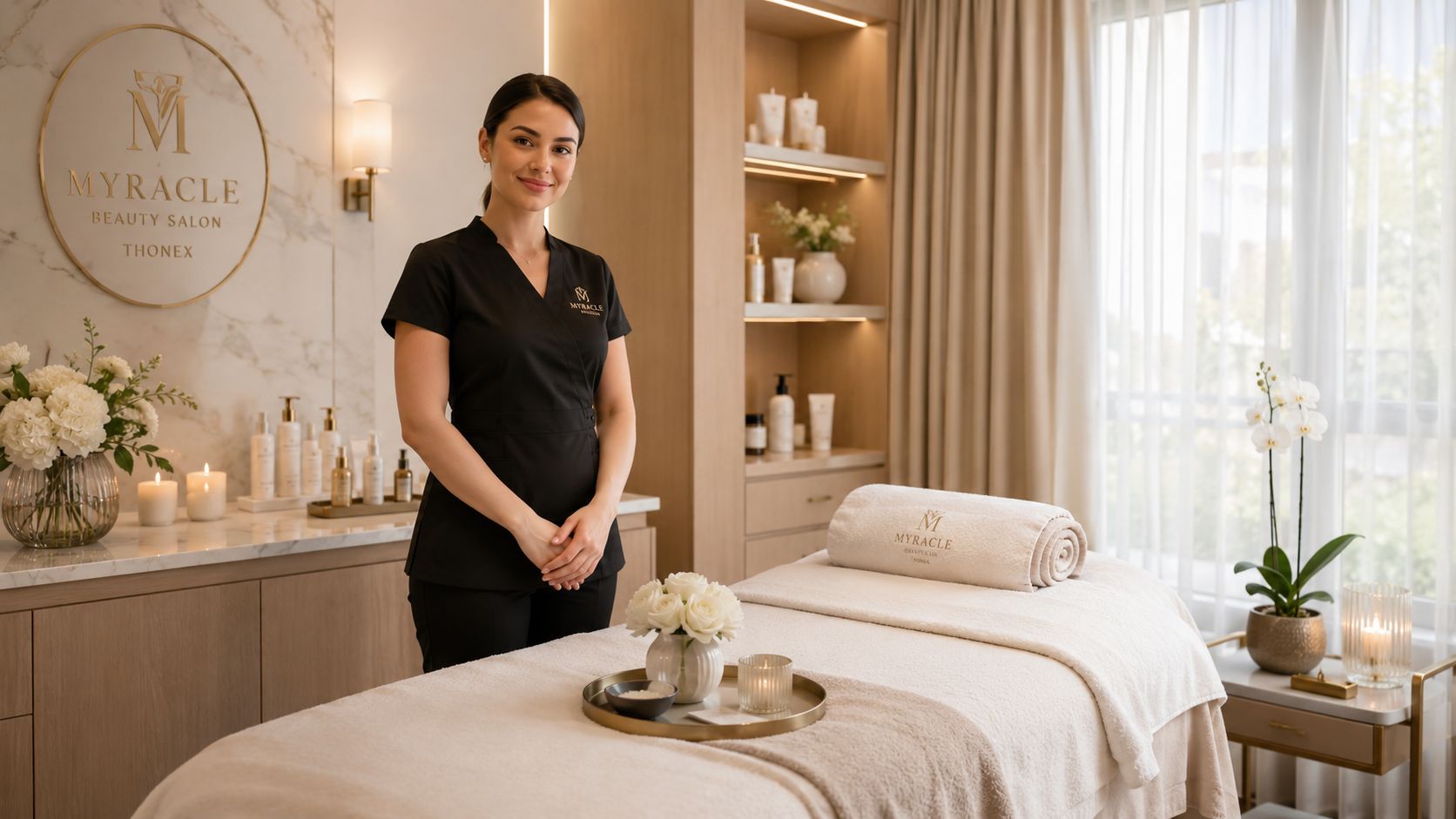 Une esthéticienne souriante accueillant ses clients dans une salle de soins élégante au salon Myracle à Thônex.