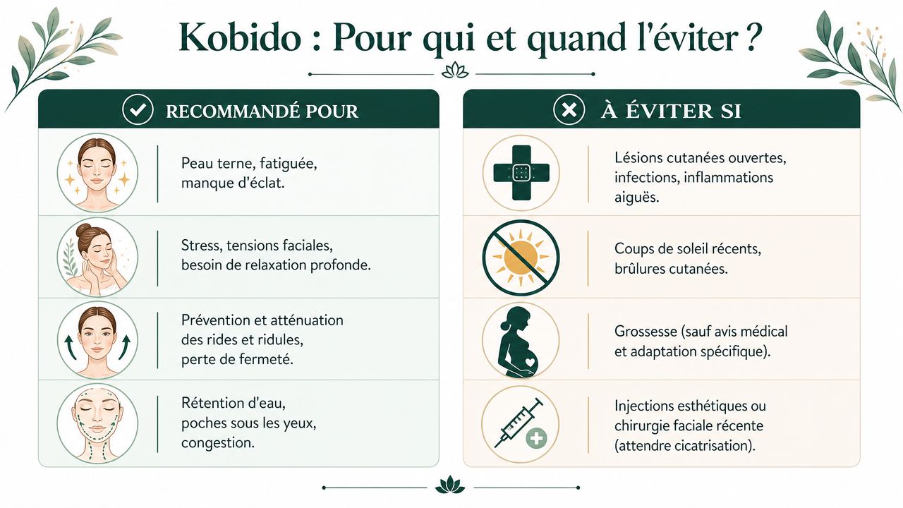 Infographie illustrant les indications et contre-indications du massage facial japonais Kobido pour le soin du visage.