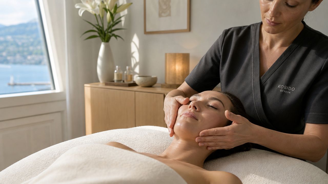 Une praticienne effectuant un soin du visage relaxant Kobido dans un spa élégant avec vue sur le lac.