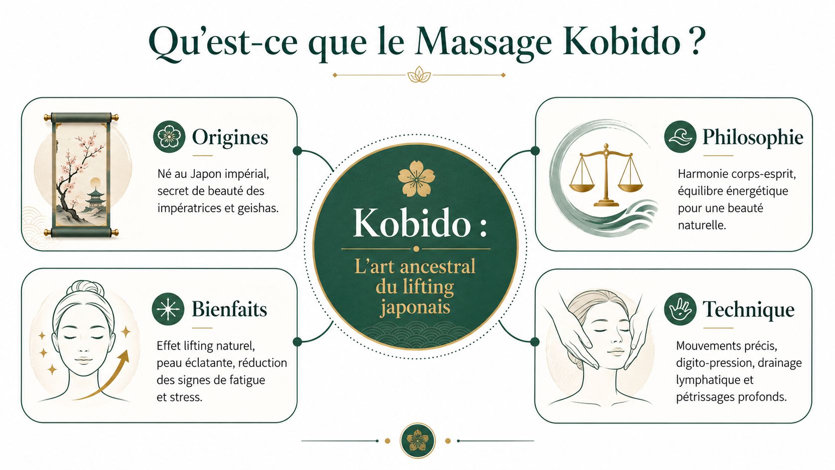 Infographie explicative détaillant les origines, la philosophie, les bienfaits et la technique du massage facial japonais Kobido.