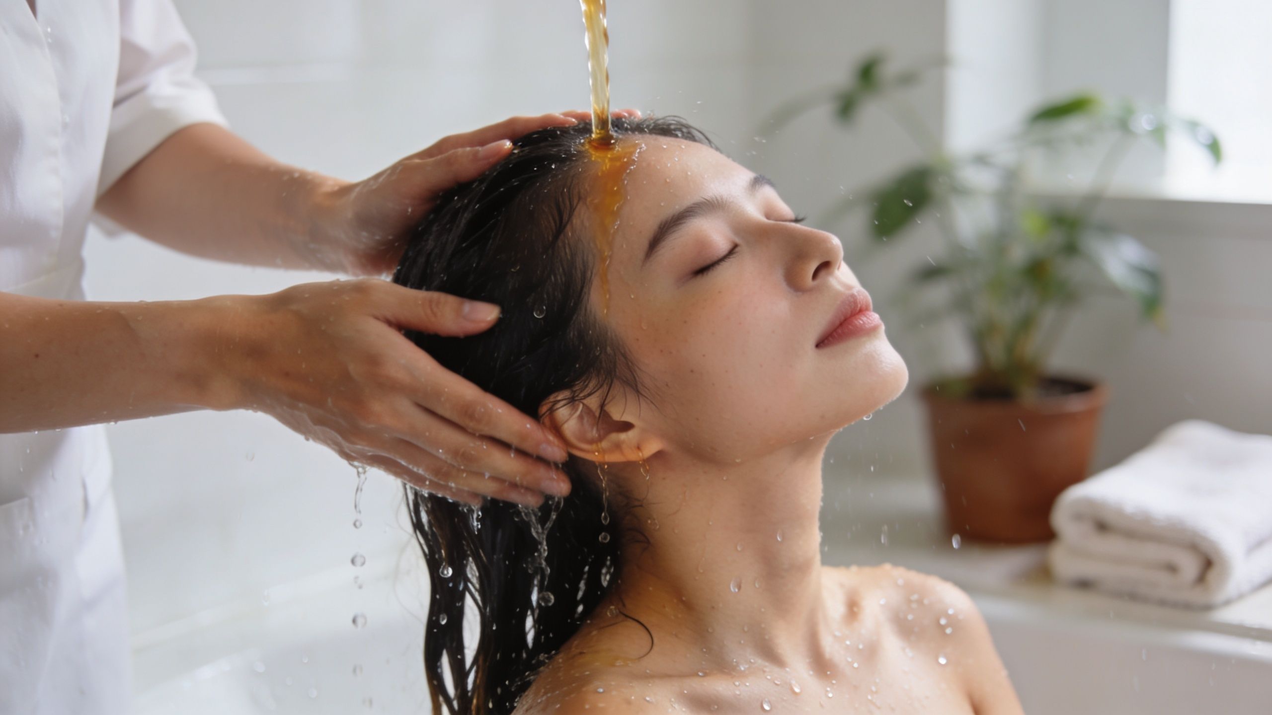 Une femme recevant un soin spa coréen relaxant pour les cheveux avec de l'eau versée sur sa tête.