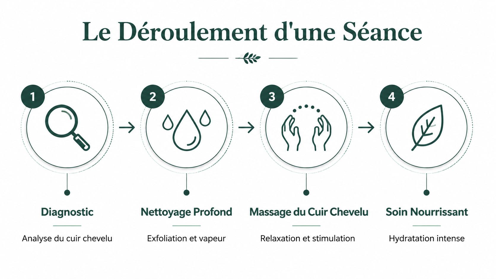 Illustration montrant les quatre étapes d'une séance de soin du cuir chevelu : diagnostic, nettoyage, massage et hydratation.