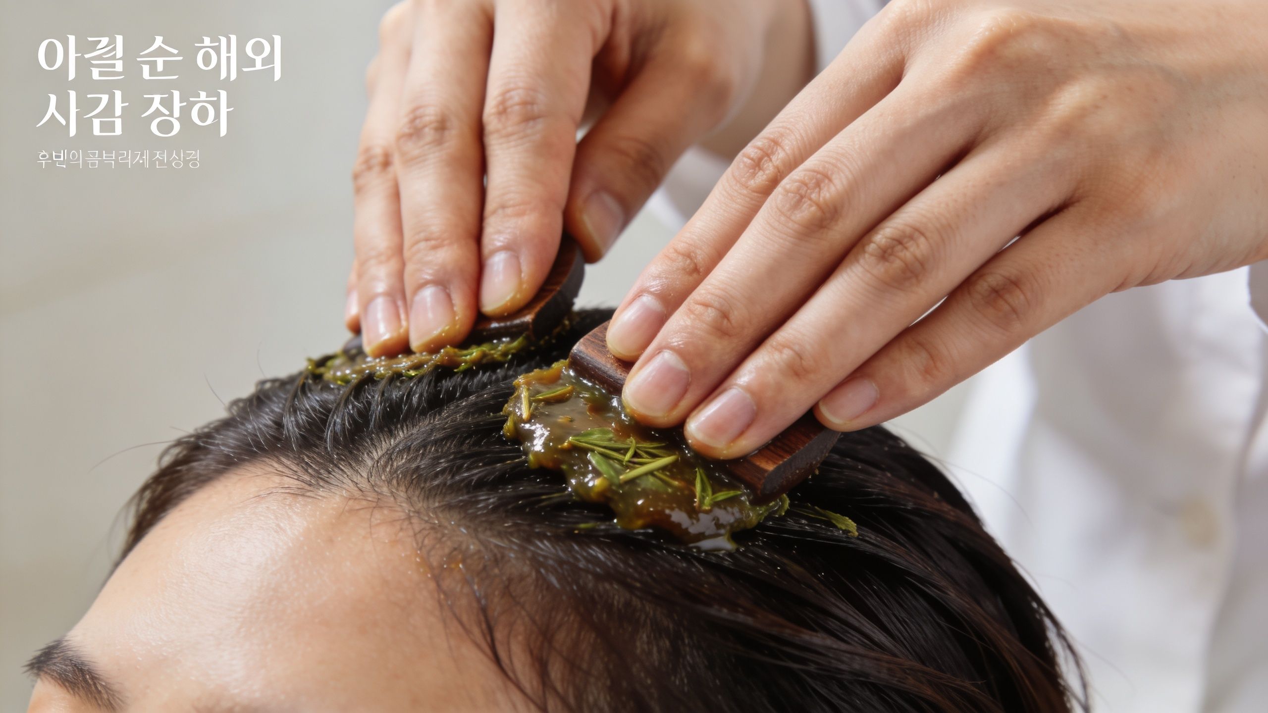 Un professionnel effectue un traitement de spa capillaire coréen apaisant en utilisant des outils en bois sur cuir chevelu.